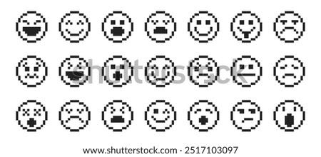 Set of smile icons. Pack of pixelated emoji icons. Emoticons pixel art. 8-bit retro vector illustration.