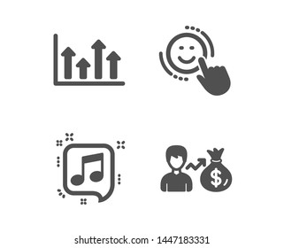 Set of Smile, Musical note and Upper arrows icons. Sallary sign. Positive feedback, Speech bubble, Growth infochart. Person earnings.  Classic design smile icon. Flat design. Vector