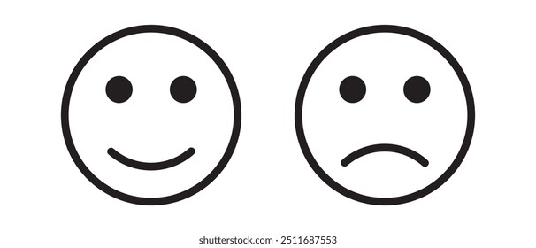 Set of smile and sad emoticons isolated emoji set in black color. Happy and unhappy smileys on white background.  Line icons emoticons.  Vector illustration.