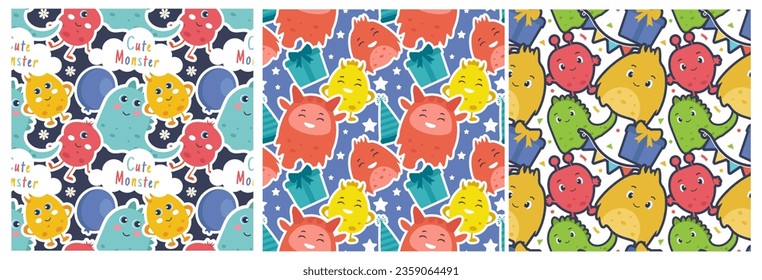 Set of Smile Seamless Pattern Design Illustration with Smiling Character and Happiness Face in Template Hand Drawn Flat Cartoon