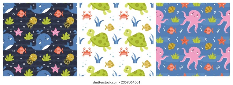 Set of Smile Seamless Pattern Design Illustration with Smiling Character and Happiness Face in Template Hand Drawn Flat Cartoon