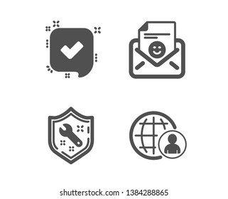 Set of Smile, Spanner and Confirmed icons. International recruitment sign. Positive mail, Repair service, Accepted message. World business.  Classic design smile icon. Flat design. Vector