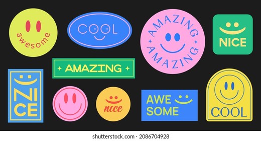 Set Of Smile Stickers Vector Design. Cool Trendy Patches Background. Hipster Badges.