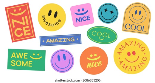 Set Of Smile Stickers Vector Design. Cool Trendy Patches Background. Hipster Badges.