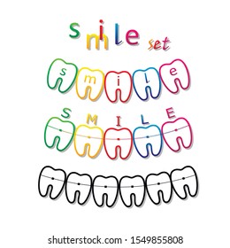 set of smile teeth symbols with braces and smile word on them, isolated on a white background square vector illustration