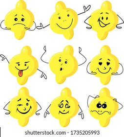 Juego de sonrisas Lemones amarillos.Carácter lindo, divertido y feliz de juego de limón.Carácter gracioso de fruta aislado en fondo blanco.Vector