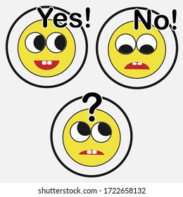 Grupo de sonrisas, elección de respuesta: Sí, No, Pregunta. Emociones en diferentes acciones. Tres emoticonos de caricatura para confirmar: ¡Sí!, no... Botones para pruebas, encuestas o aplicaciones.