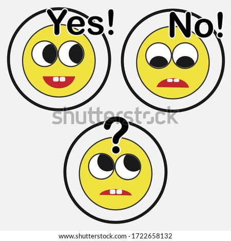 Set of smiles, choice of answer: Yes, No, Question. Emotions in different actions. Three cartoony emoticons to confirm: yes!, no!, ?. Buttons for tests, survey or applications.