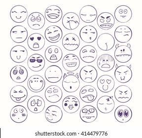 Set of smiles, collection of emotions. Hand drawn vector illustration, black and white funny face sketches, isolated icons.