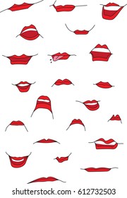 A set of smiles with different emotions. Red lips on white background