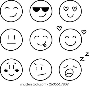 Set of smiles with emotions, hand drawn collection