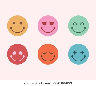 set of smiles happy face colorful sticker groovy style design icon