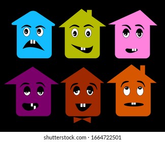 Set of smiles houses. Stay home.Colorful home. Faces. Vector stickers for web design. Emotional houses