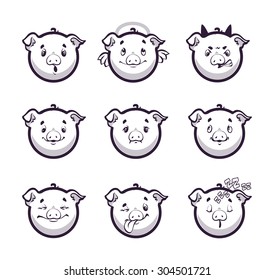 Set smiles pig. Monochrome emotions icons. Vector illustration on white background.