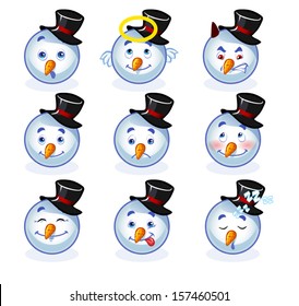 Set smiles snowman. Vector illustration on white background. Design element for christmas cards.