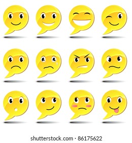 A set of smiles. Text bubbles with emotions.