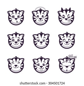Set smiles tiger. Monochrome emotions icons. Vector illustration on white background.