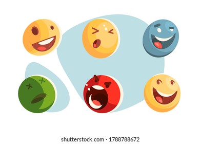 Set of smiles vector illustration. Collection of various facial expression flat style. Happy sick angry silly excited and pain emotion. Quick smartphone reaction concept. Isolated on white background