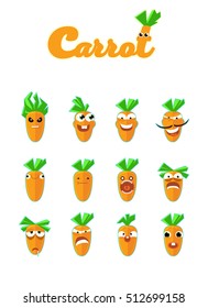 Set of smiles.Cartoon carrot Character. Emoticon Stickers With Different Emotions. Vector Illustration.