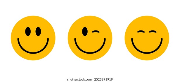 Conjunto de smiley emote. Ícone sorridente. Sinal de sorriso bonito. Feliz símbolo de emoção. Sinal de símbolo de emoticon. Ilustração vetorial eps10