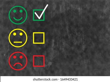 Set of smiley emoticons with checkboxes on blackboard. Three colored faces expressing good level of satisfaction. Vector feedback survey template with copy space. Choose option, yes, maybe, no.