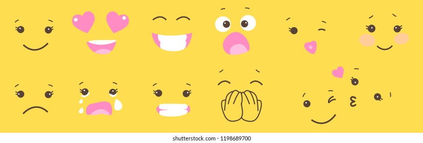 Set of smiley face emoji on yellow background. Simple character emotion. Vector element of design for t-shirt, sweet table, mug, decoration funny party. Lol, laugh, shy, in love, kiss, cry, shock