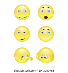Set of smiley face icons or yellow emoticons with different facial expressions in glossy 3D realistic isolated in white background. Vector illustration