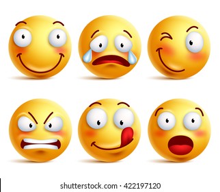 Set of smiley face icons or yellow emoticons with different facial expressions in glossy 3D realistic isolated in white background. Vector illustration
