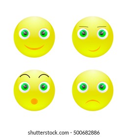 Set of smiley face icons or yellow emoticons with different facial expressions in glossy 3D realistic isolated in white background. Vector illustration