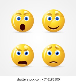 Set of smiley face icons or yellow emoticons with different facial expressions in glossy 3D realistic isolated in yellow background. Vector illustration