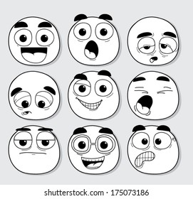Set of smiley faces with big eyes and different expressions