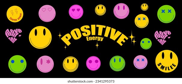 Set of Smiley Faces, pchyshedelic,Positive Energy,Love Yous Self, Funny Stiicker,vector illustration.