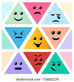 Set Smiley icon. Creative cartoon style smiles with different emotions. Emoticons on colored triangles. 