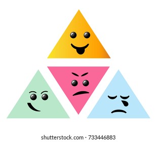 Set Smiley icon. Creative cartoon style smiles with different emotions. Emoticons on coloured triangles. 