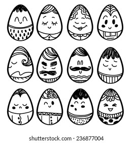 Set of smiley icons of eggs: different emotions. Hand draw cartoon on paper note stickers. Pencil style eps10
