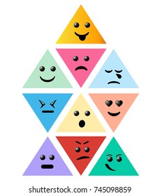 Set Smiley pyramid icon. Creative cartoon style smiles with different emotions. Emoticons on coloured triangles. 