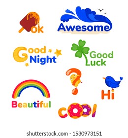 set of smiley words in bright colors. Use as a modern print, sticker, childish illustration.vector illustration