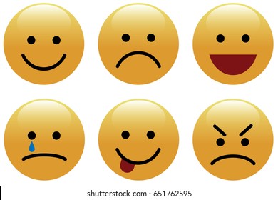 Set of smileys, emoji, emoticons on white background
