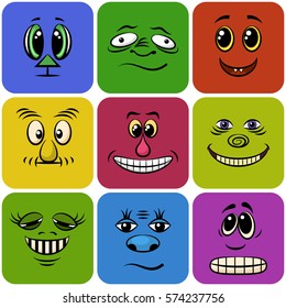 Set of Smileys, Monsters, Funny Cartoon Characters, Different Faces in Colorful Squares, Elements for Your Design, Prints and Banners, Isolated on White Background. Vector.