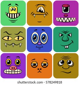 Set of Smileys, Monsters, Funny Cartoon Characters, Different Faces in Colorful Squares, Elements for Your Design, Prints and Banners, Isolated on White Background. Vector.