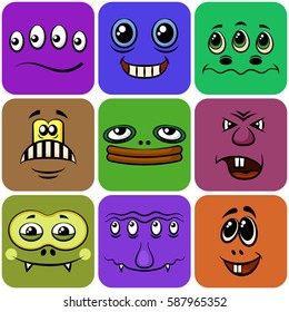 Set of Smileys, Monsters, Funny Cartoon Characters, Different Faces in Colorful Squares, Elements for Your Design, Prints and Banners, Isolated on White Background. Vector.