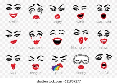 Set of smileys: sleepy, kiss, wink, fear, love, surprised, laugh, angry, puke, tongue, cry, smirk, smile. Woman vector emoticons, emoji, smiley icons, characters. Female fashion emotional faces.