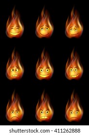 Set of Smileys, Stylized Flames, Symbolizing Various Human Emotions. Eps10, Contains Transparencies. Vector