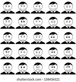 Set of smileys symbolizing various human emotions: men of business change in suits and ties, black contour on white background. Vector