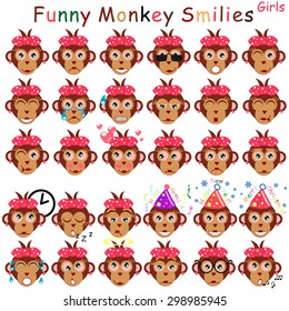 Set of smilies in form of head monkeys with different emotions. Female set. Vector illustration