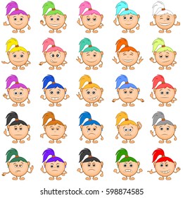 Set of Smilies, Funny Girls with Colorful Hair, Cartoon Icons Symbolising Various Human Emotions and Moods. Vector