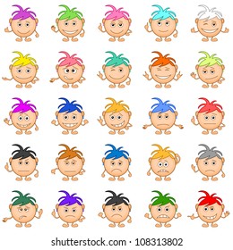 Set of smilies girls with colored hair, symbolising various human emotions. Vector