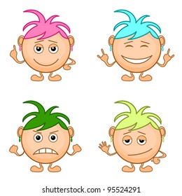 Set of smilies girls with colored hair, symbolising various human emotions. Vector