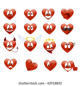 Set of smilies of heart shape with many emotions. Vector illustration.