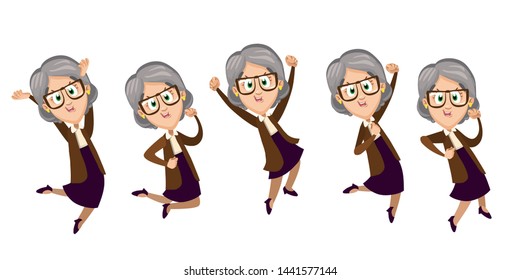 Set with smiling aged woman jumping for joy, running, skipping. Senior spectacled lady in knitted jacket and skirt hearing good news. Cartoon vector clipart isolated on white background.